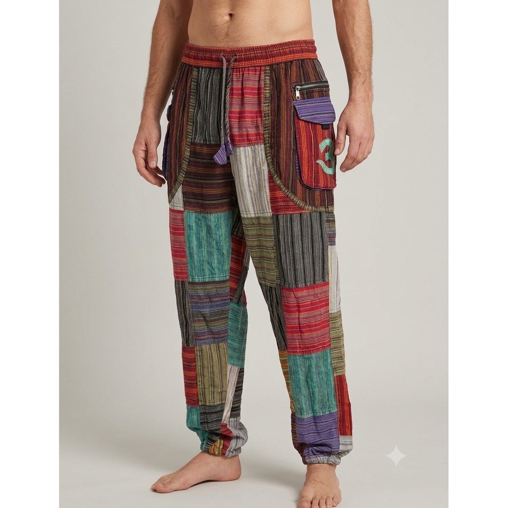 Rising International Patchwork Harem Pants Multicolor Cotton Boho Joggers Med